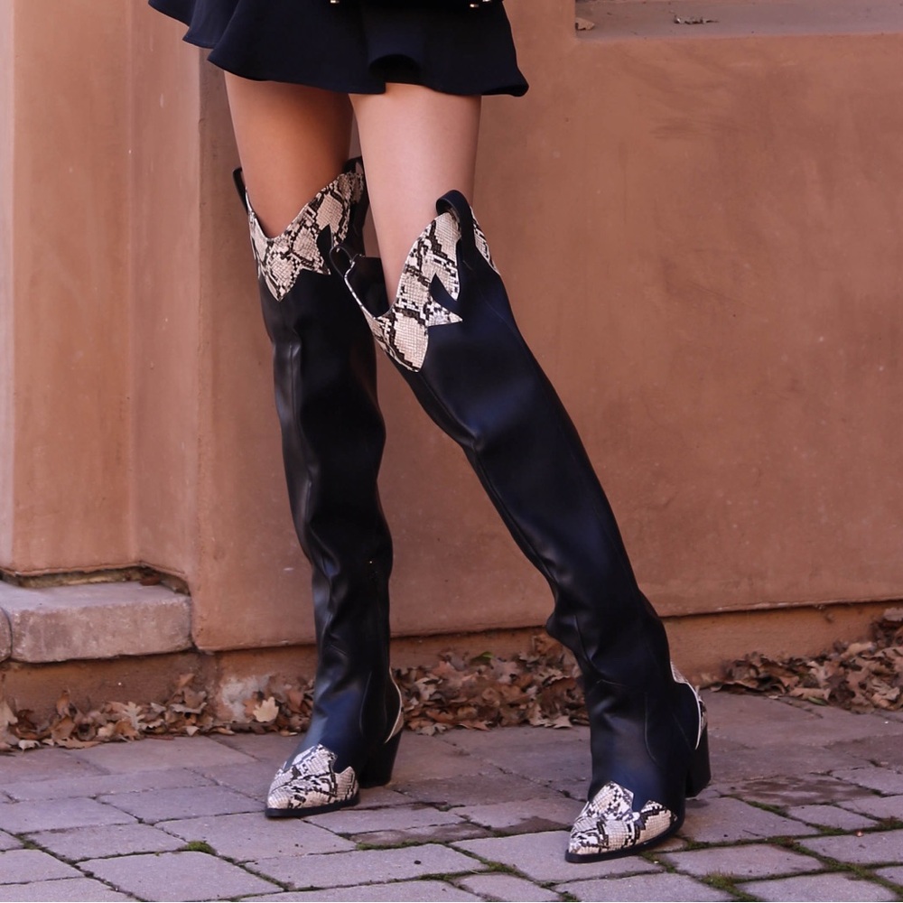 Black & Snakeskin over-the-knee western boots (UK 5 = US 7.5)